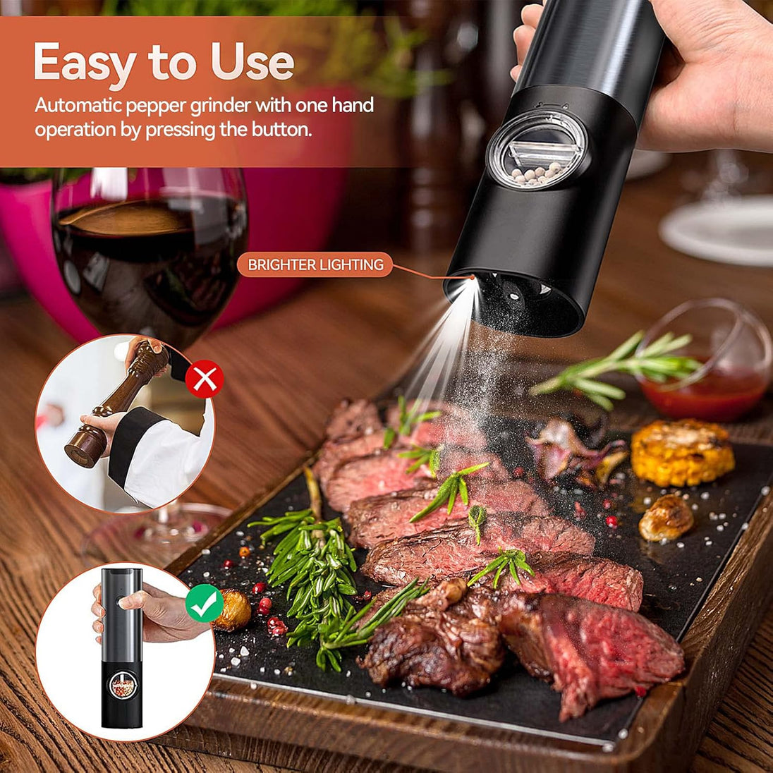 Rechargeable Electric Salt and Pepper Mill Set in black