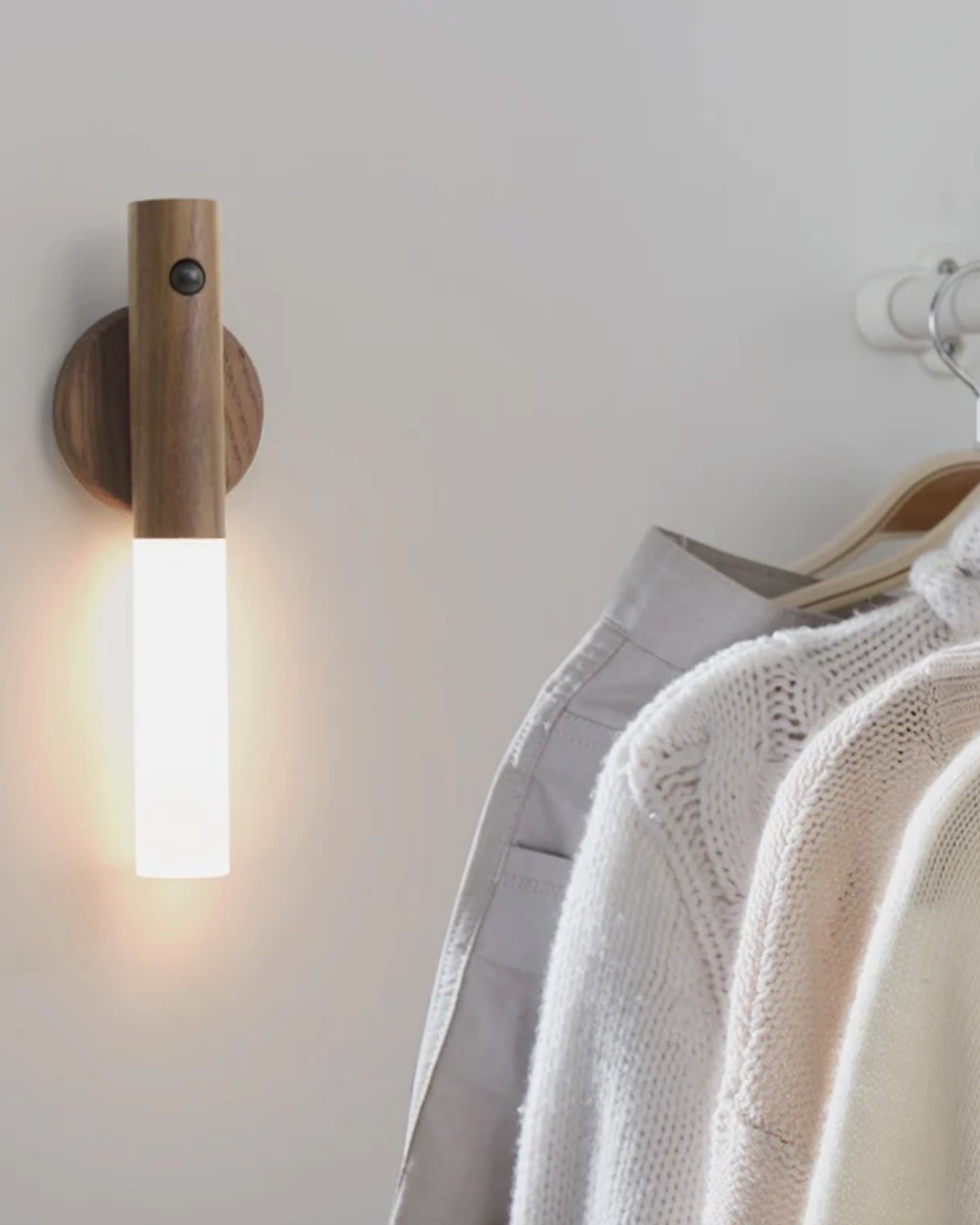 Rechargeable wooden LED wall sconce with motion sensor