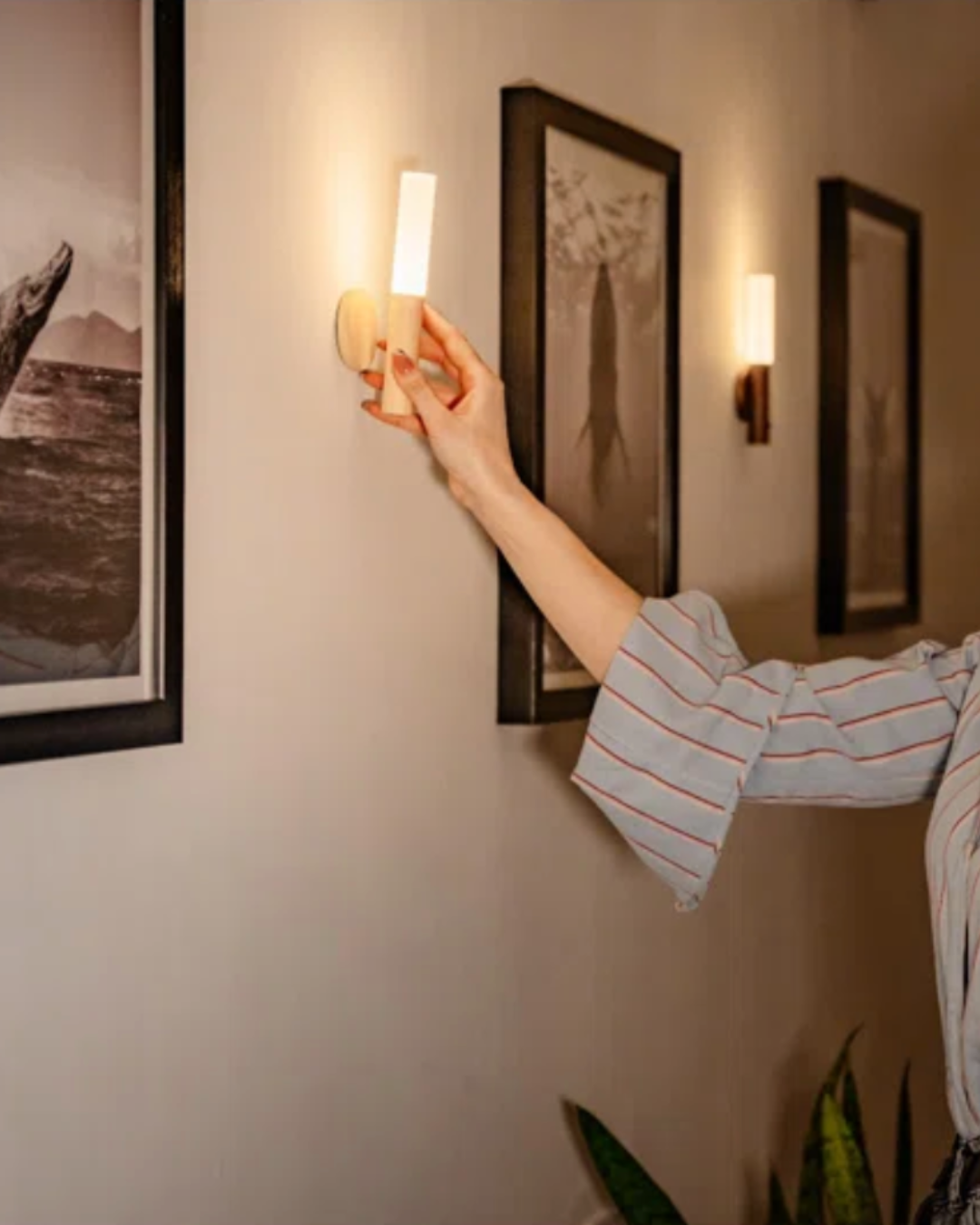 Rechargeable wooden LED wall sconce with motion sensor
