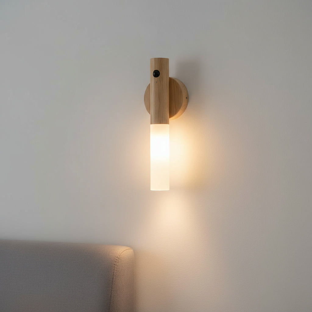 Rechargeable wooden LED wall sconce with motion sensor