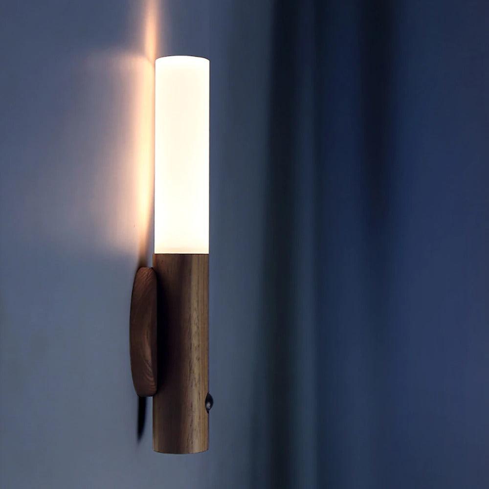Rechargeable wooden LED wall sconce with motion sensor