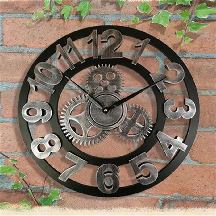 Retro Industrial Wooden Wall Clock in Silver / Black