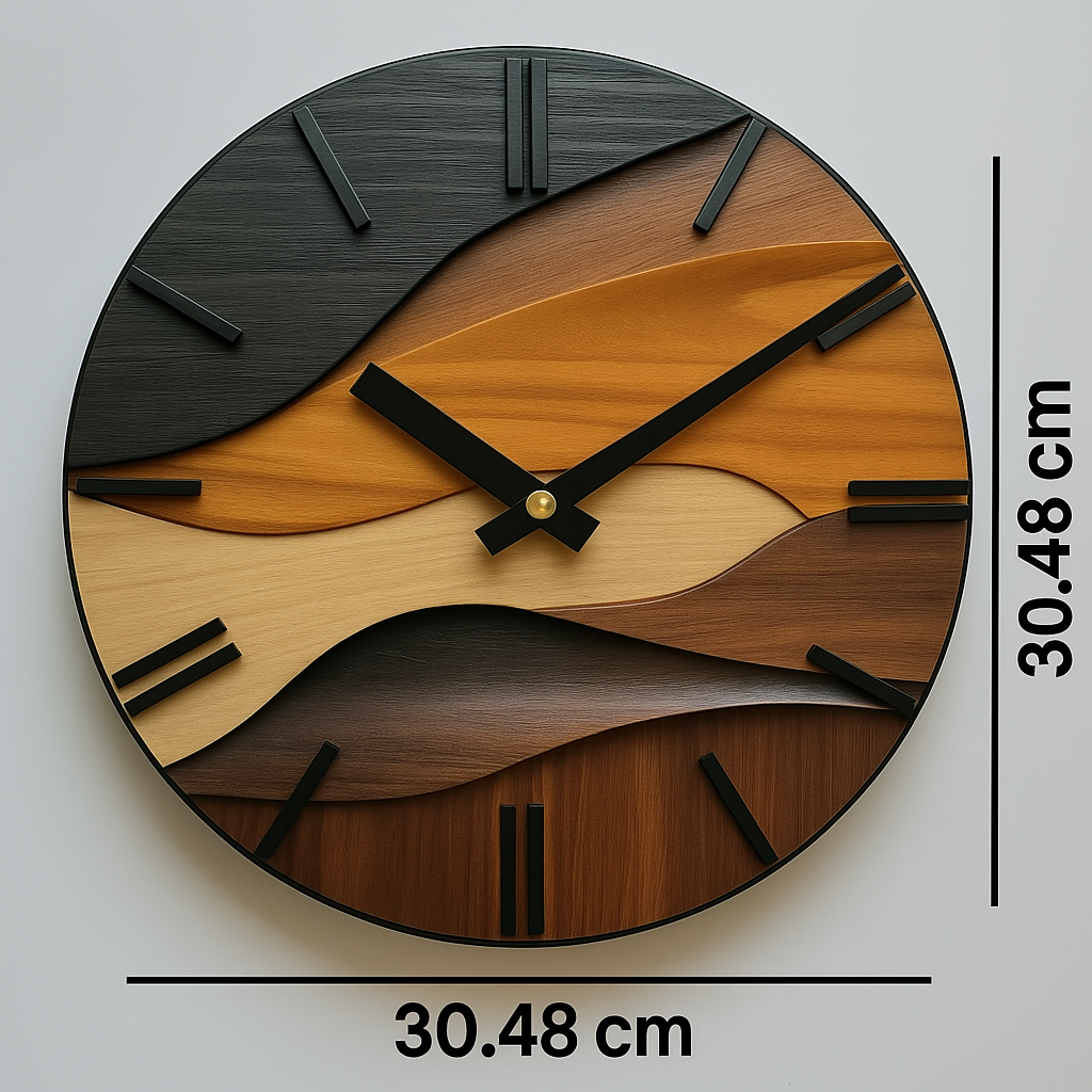 Round Wood-Effect Wall Clock – in a room setting