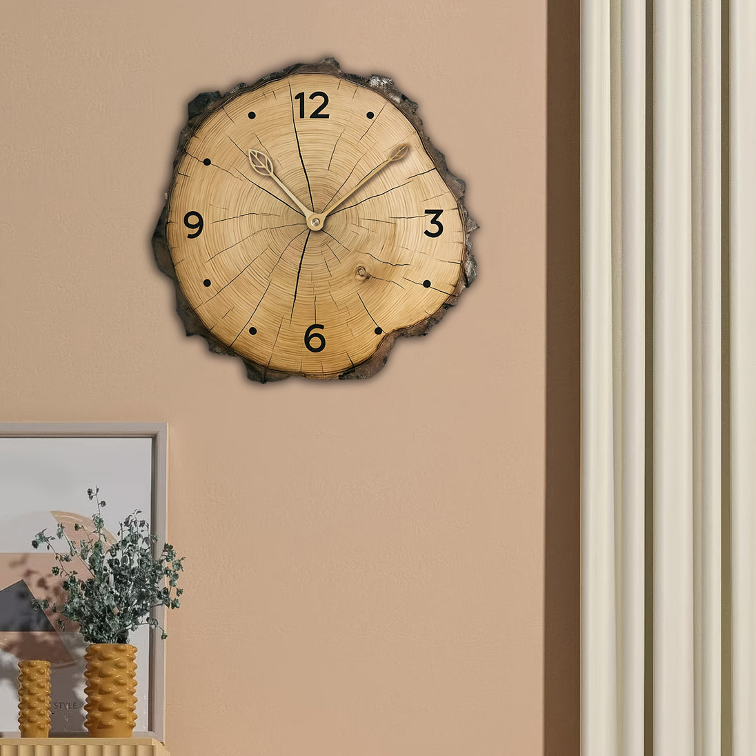 Rustic Log Slice Wall Clock – close-up