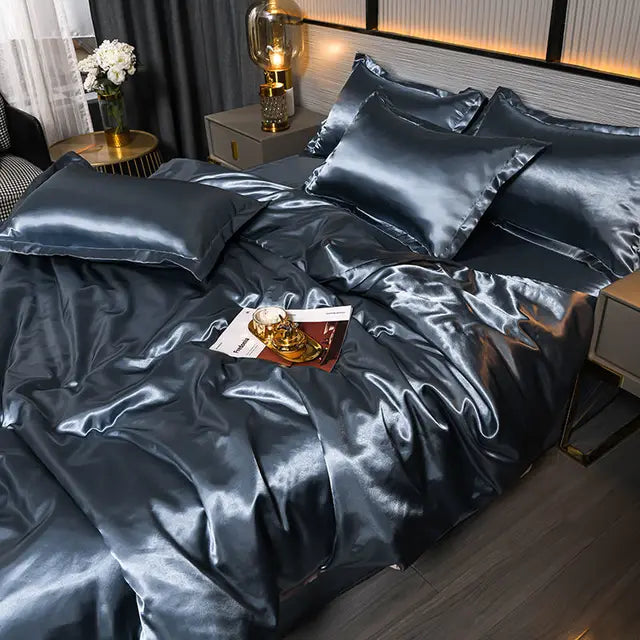 Satin Duvet Cover Set in Blue / Grey