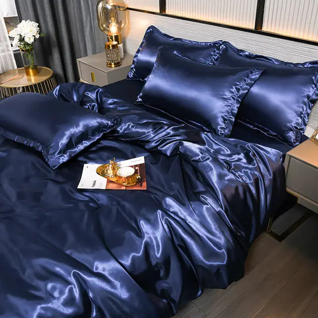 Satin Duvet Cover Set in Dark Blue