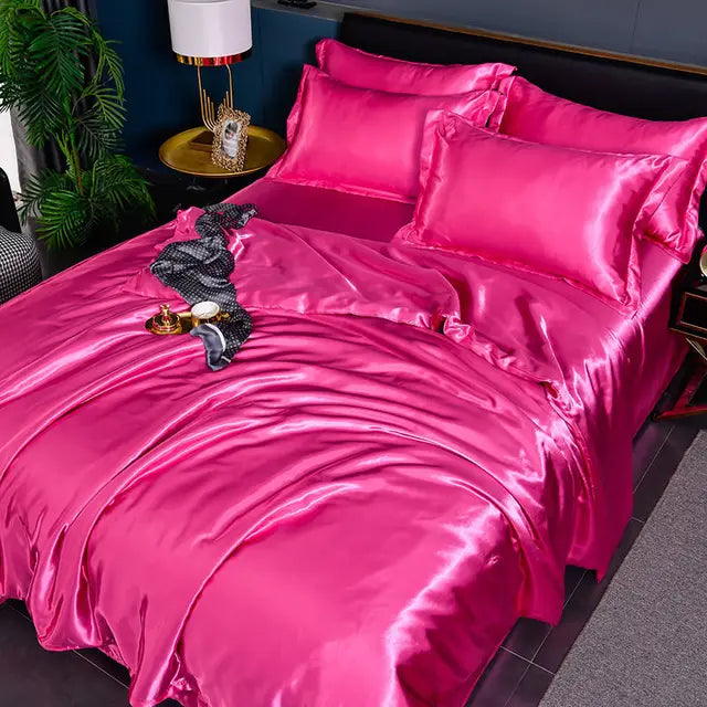 Satin Duvet Cover Set in Dark Pink