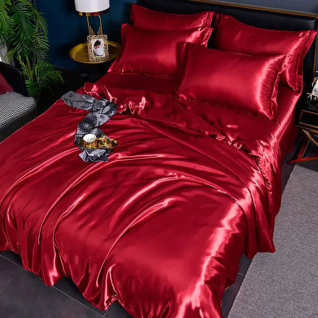 Satin Duvet Cover Set in Dark Red