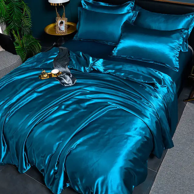 Satin Duvet Cover Set in Green / Blue