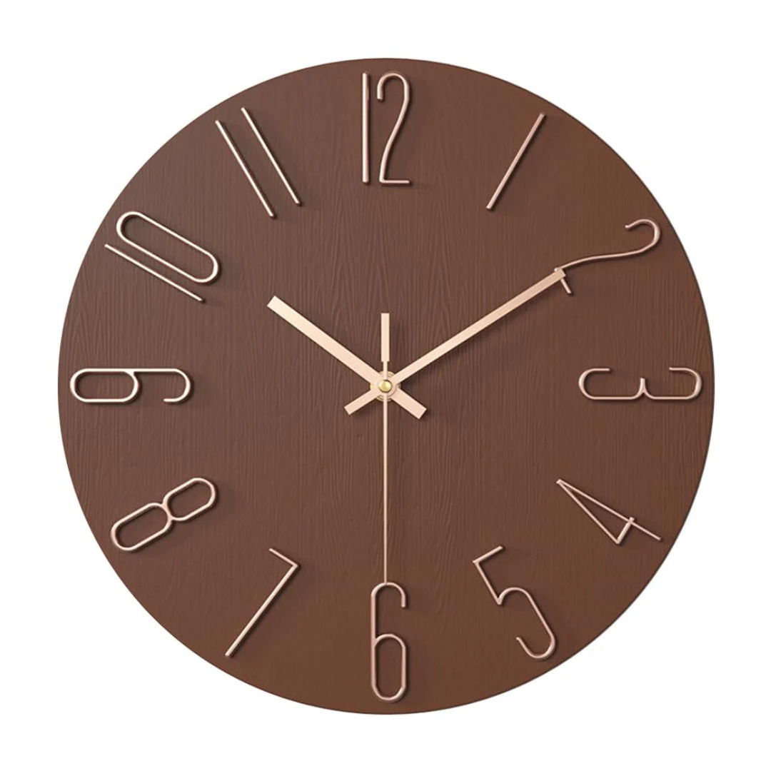 Round Wall Clock with Gold Numerals in Brown