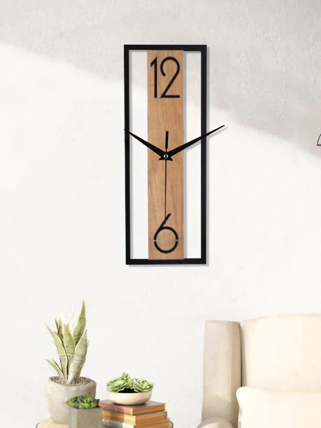 Rectangular Wood and Metal Wall Clock – in a room setting