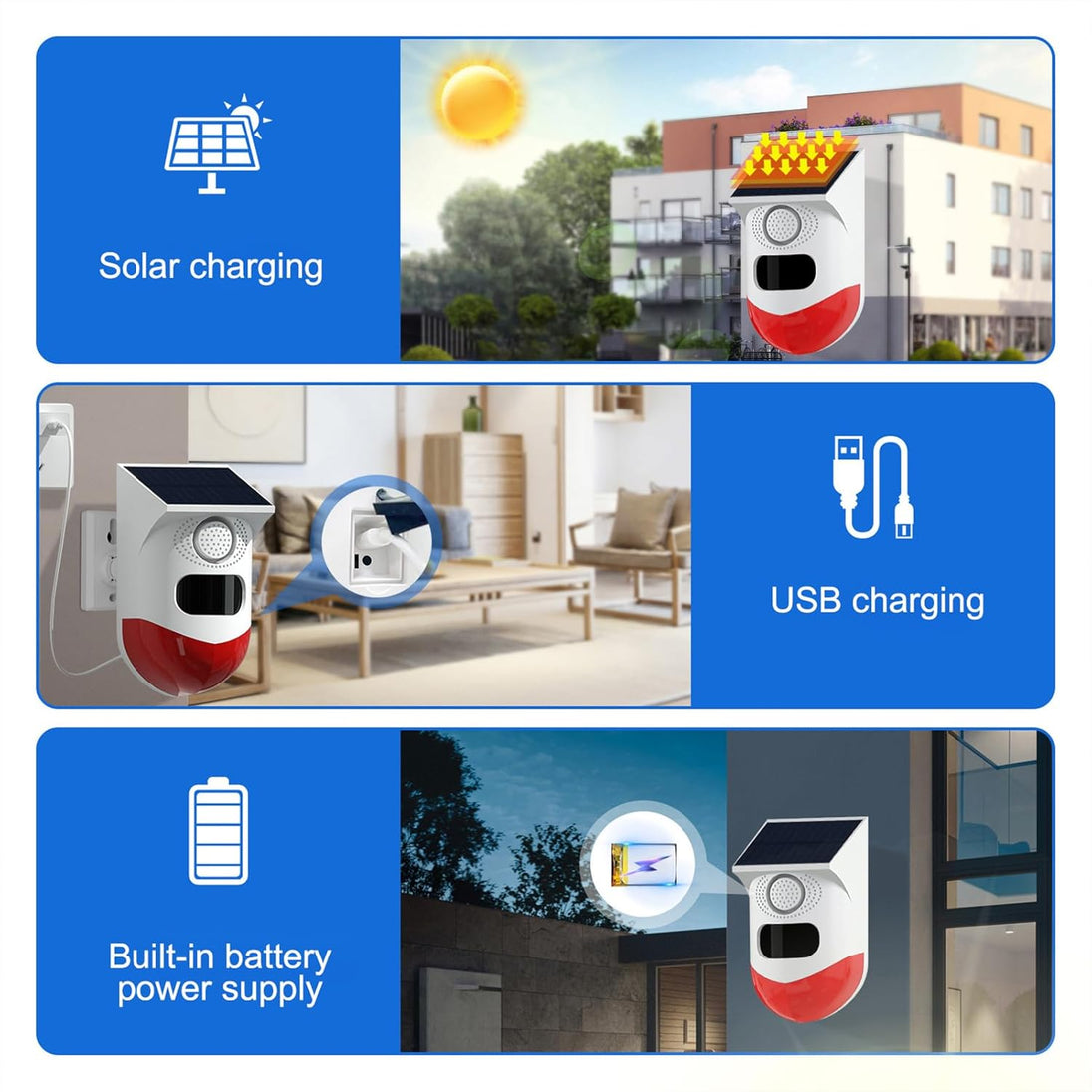 Solar Motion Sensor Alarm with Siren and Strobe