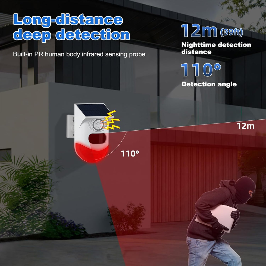 Solar Motion Sensor Alarm with Siren and Strobe