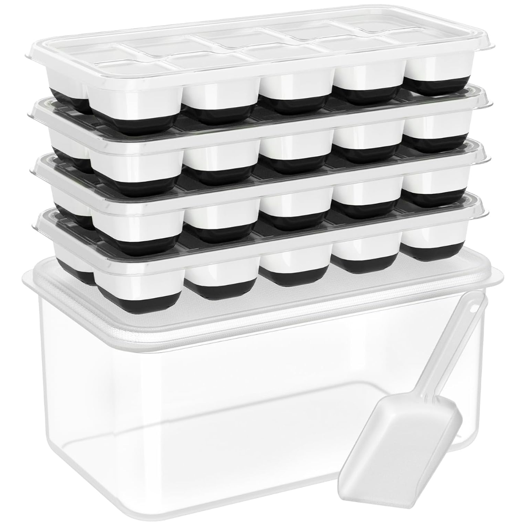 Stackable Silicone Ice Cube Trays with Storage Box in Black / White