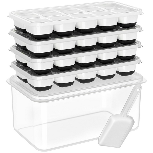 Stackable Silicone Ice Cube Trays with Storage Box in Black / White