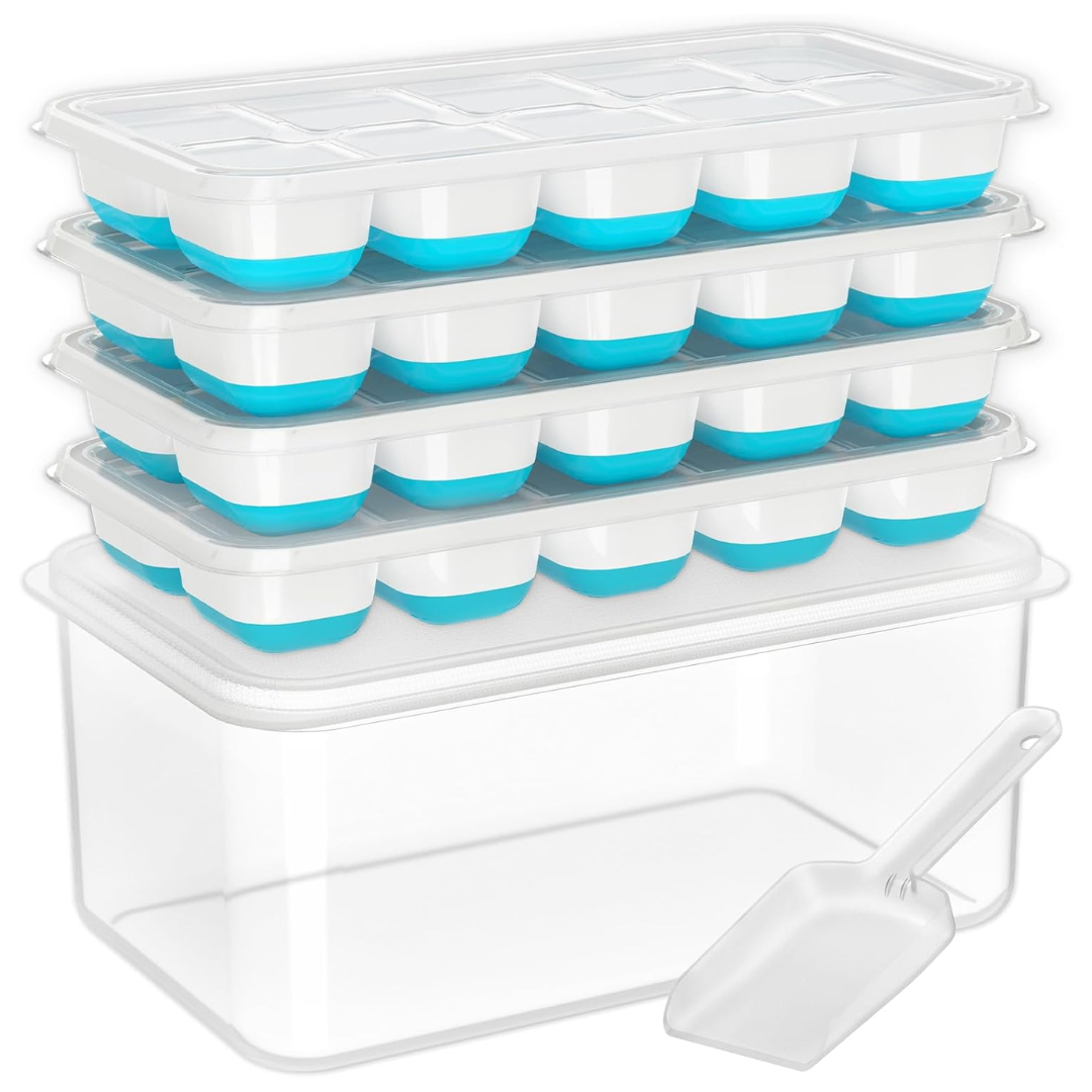 Stackable Silicone Ice Cube Trays with Storage Box in White / Blue