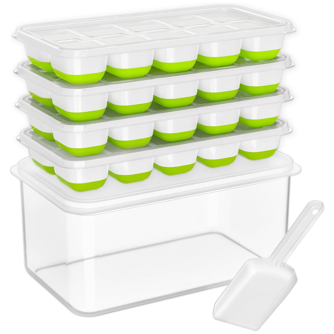 Stackable Silicone Ice Cube Trays with Storage Box in White / Green