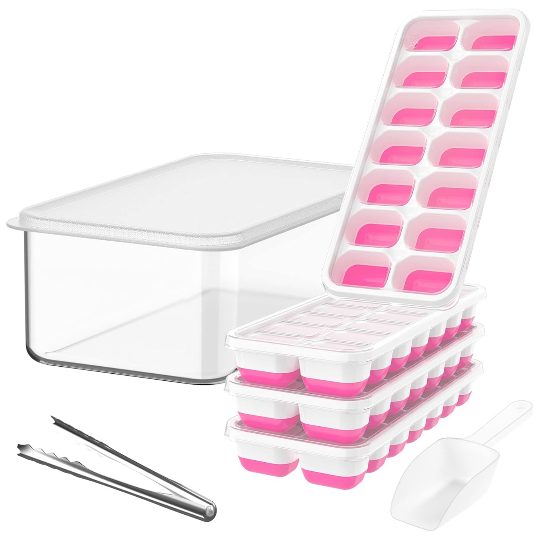 Stackable Silicone Ice Cube Trays with Storage Box in White / Pink