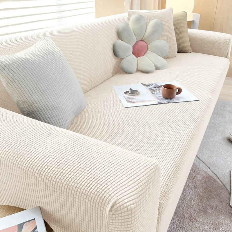 Stretch Sofa Cover with Non-Slip Strips in Beige White