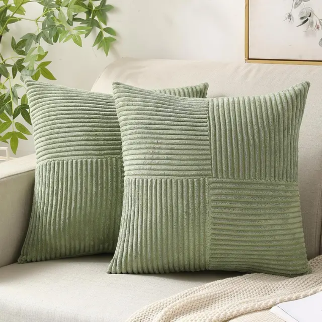 Striped Corduroy Cushion Cover in Light Green