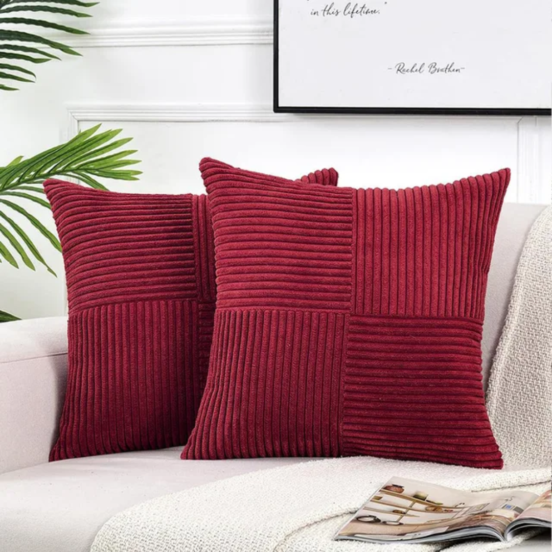 Striped Corduroy Cushion Cover in Wine Red