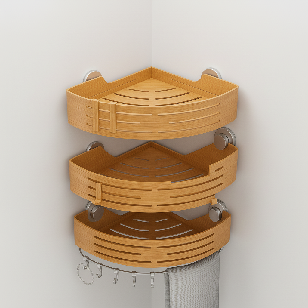 Three-Tier Corner Shower Caddy in Wood Effect