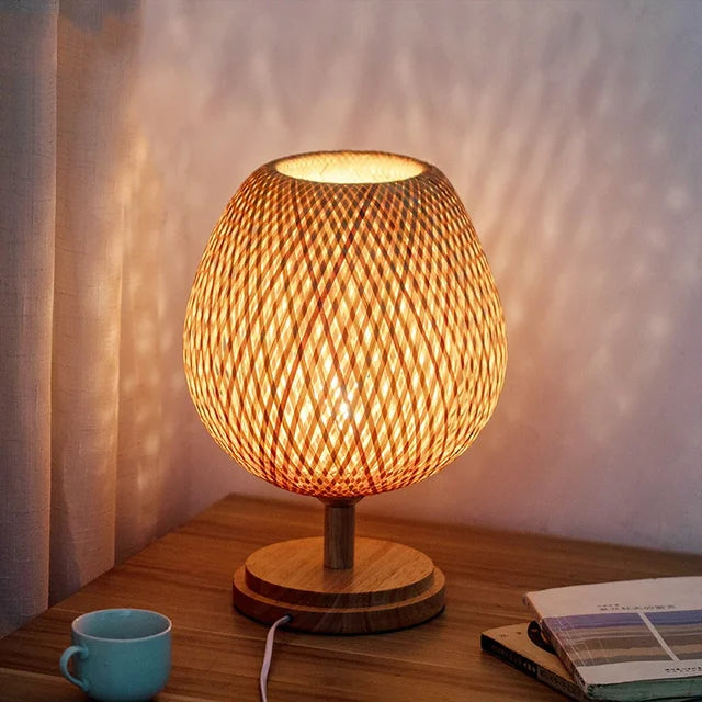 Vintage Bamboo Table Lamp – Wooden Base, Small