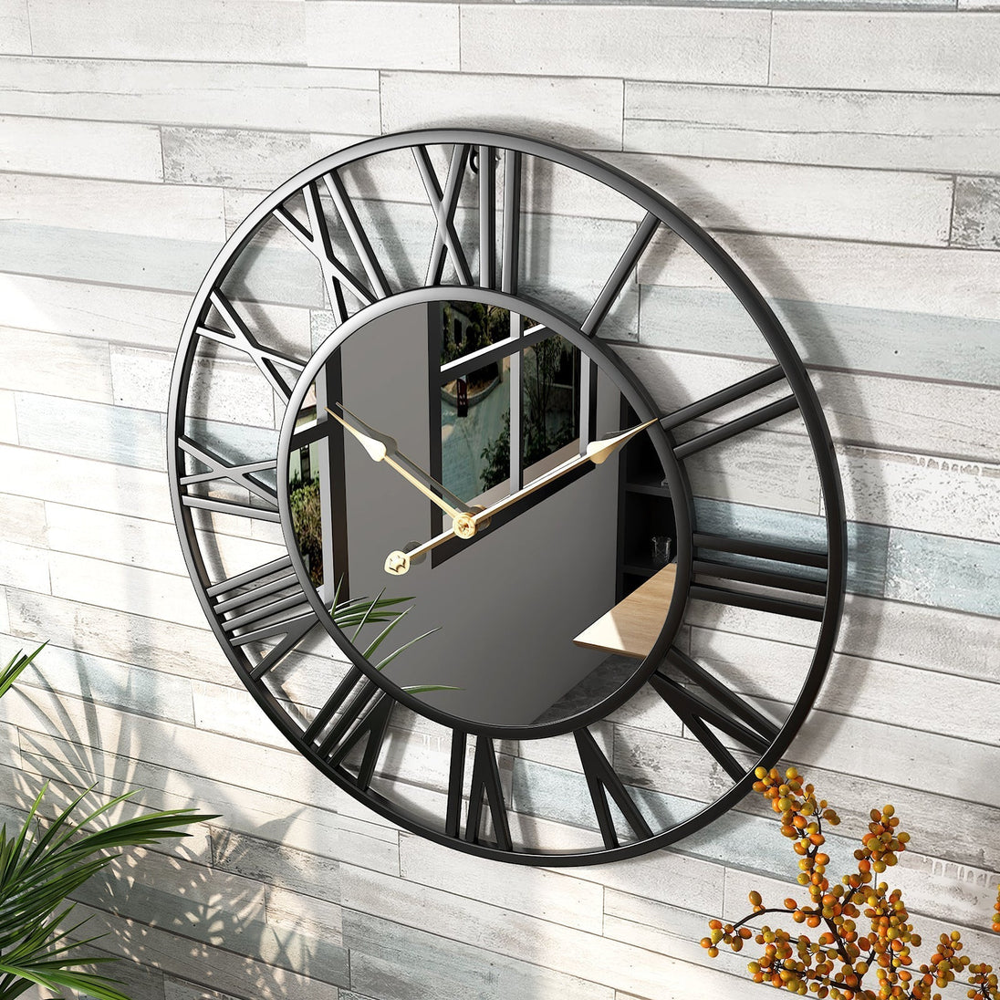 Vintage Metal Wall Clock with Mirror Details, 39 cm