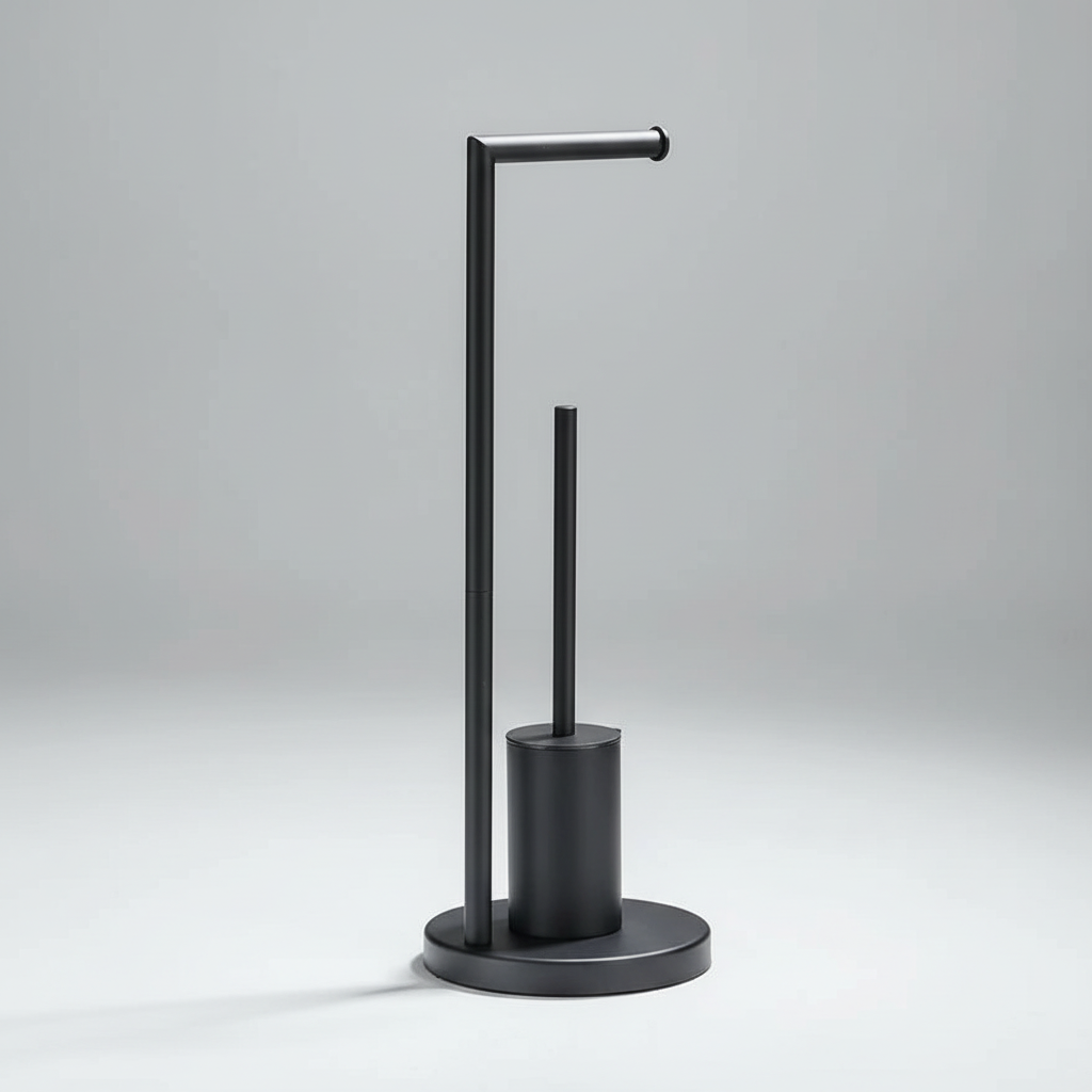 Wall-Mounted Toilet Roll Holder with Brush in Black