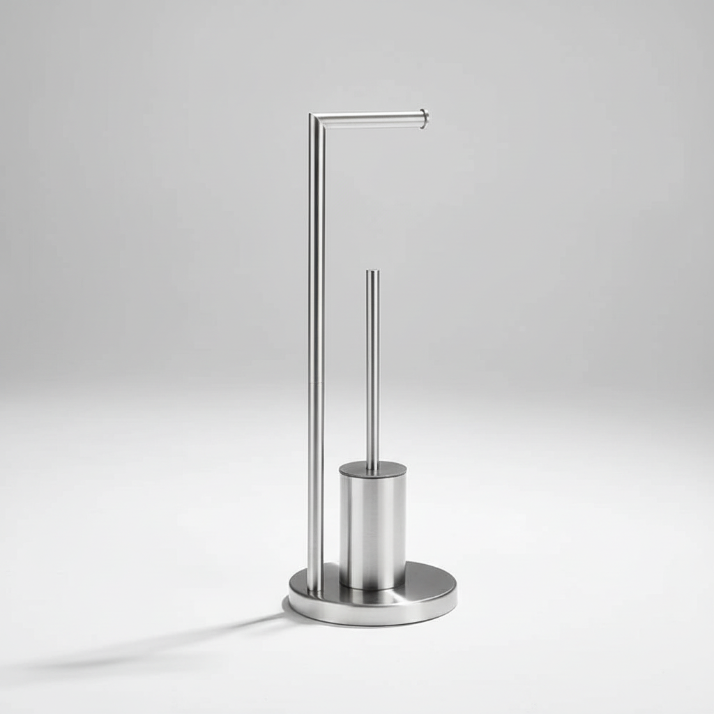Wall-Mounted Toilet Roll Holder with Brush in Silver