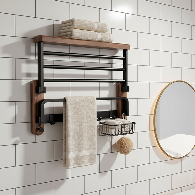 Walnut and Aluminium Towel Rack