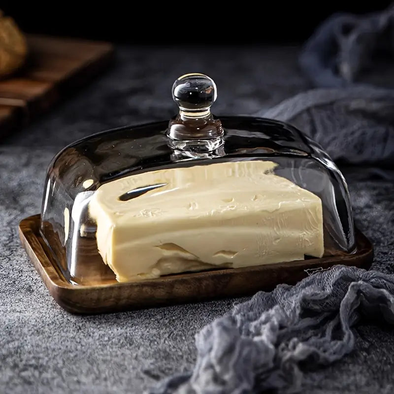 Wood and Glass Butter Dish in acacia