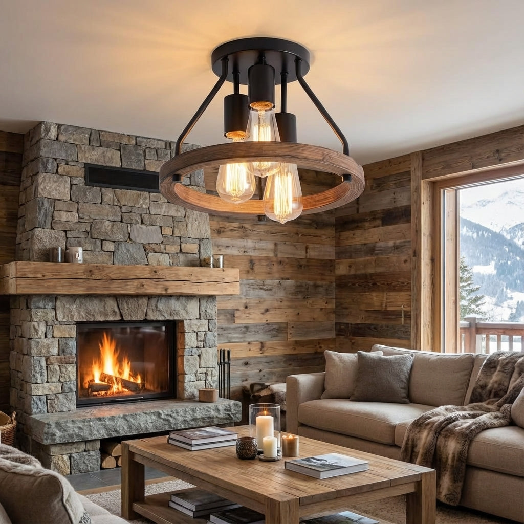 Wood and Metal 3-Light Ceiling Light