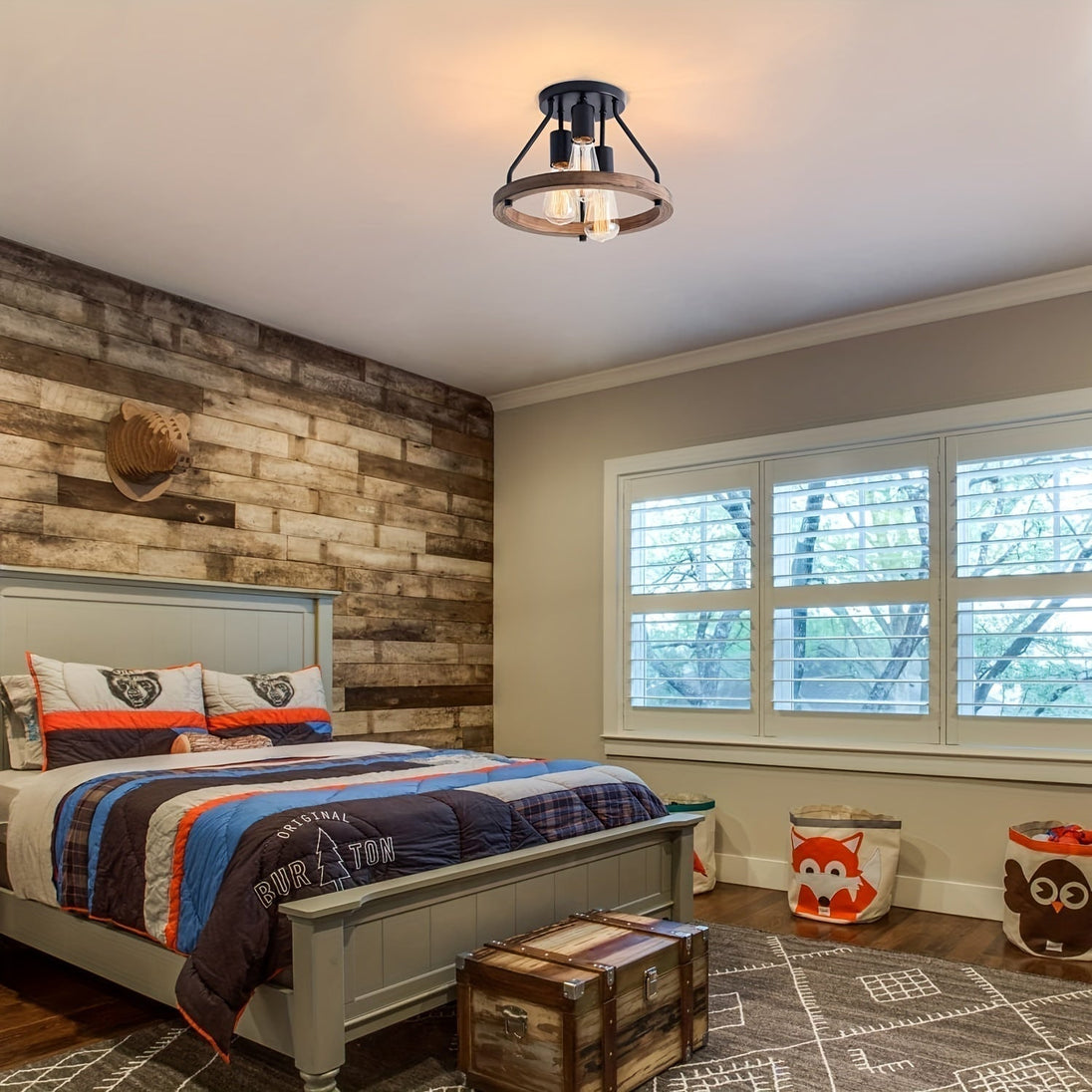 Wood and Metal 3-Light Ceiling Light