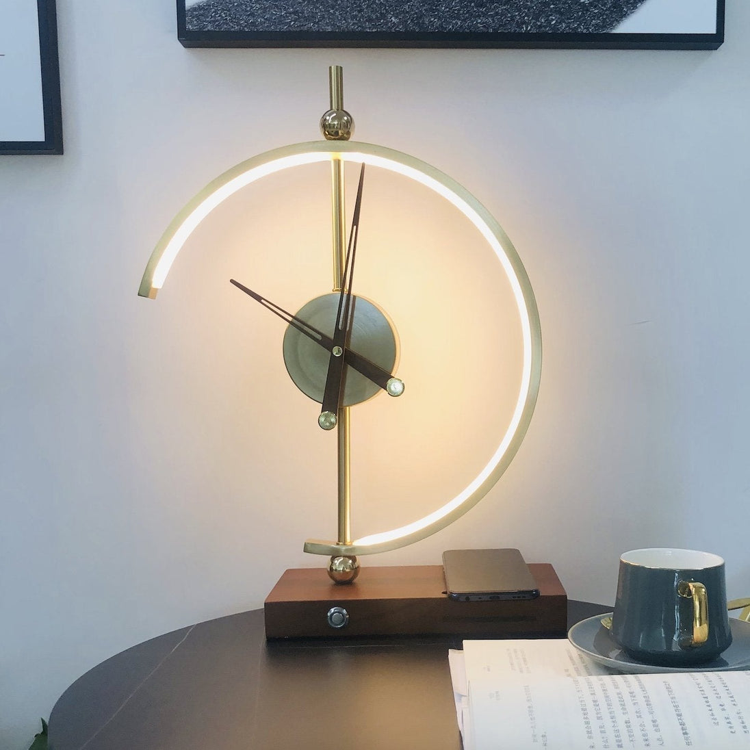 Wooden LED Lamp with Clock and Wireless Charger