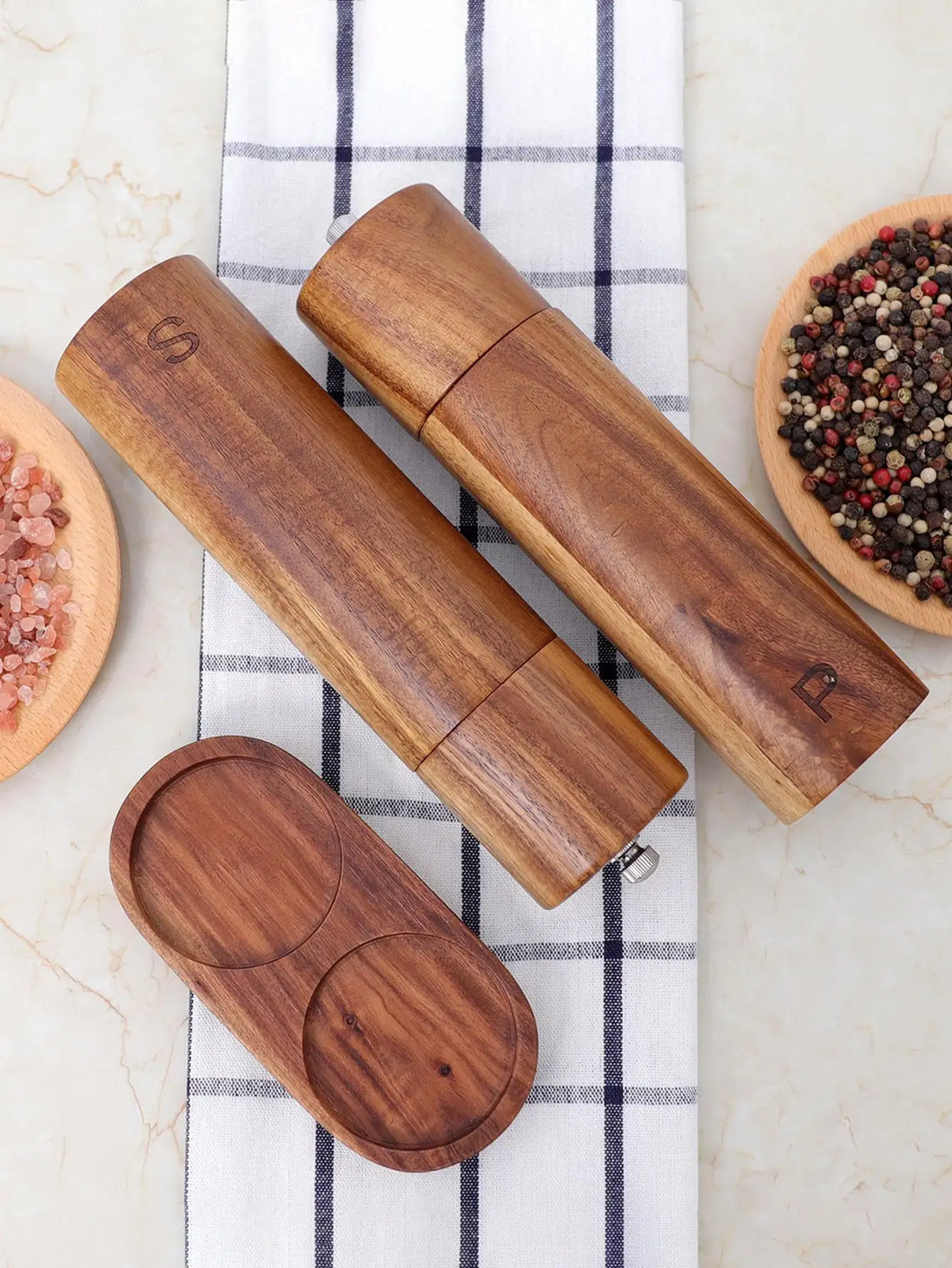 Wooden Salt and Pepper Mill Set with Tray